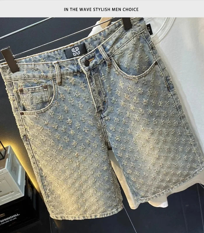 Workwear Pants, Washed Denim Shorts, Men's Denim Shorts, Designer High Street Fashion Loose Fit Fir Straight Leg Men's Shorts