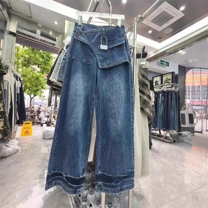 Women Loose Harajuku Retro Wide Leg Trousers Korean Style Fashion Vintage Washed Denim Pants High Waist Irregular Punk Jeans