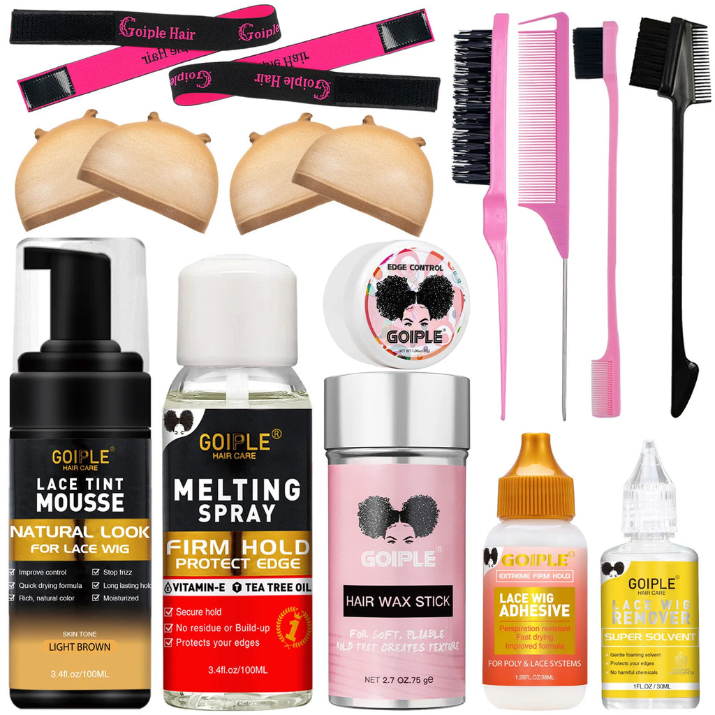 GOIPLE Wig Installation Kit Set with Lace Tint Mousse Melting Spray Wig Glue Remover Wax Stick Edge Control & Tools Wig Kit for Beginners & Daily Wear