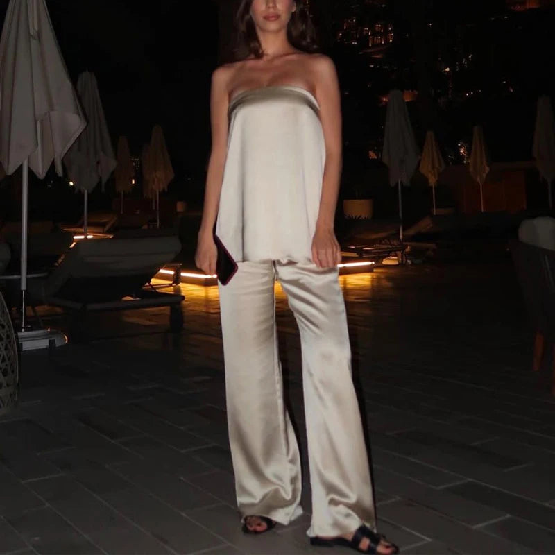 MUJER Women's Pants Sets off Shoulder Crop Top Woman Satin High Waist Pants Sets for Women 2 Pieces Summer Outfit Woman Trousers