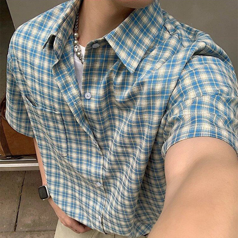 2025 Summer Stylish Short Sleeve Shirt Men's Streetwear Vintage Button-up Turn-down Collar Shirts Trendy Men Plaid Printed Shirt