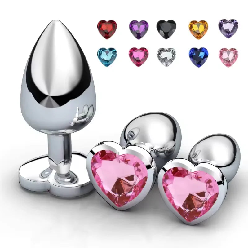 Luxury Heart Gem Metal Anal Plug Training Set Stainless Steel Butt Plug Kit for Beginners Men Women Couples Erotic Bedroom Game