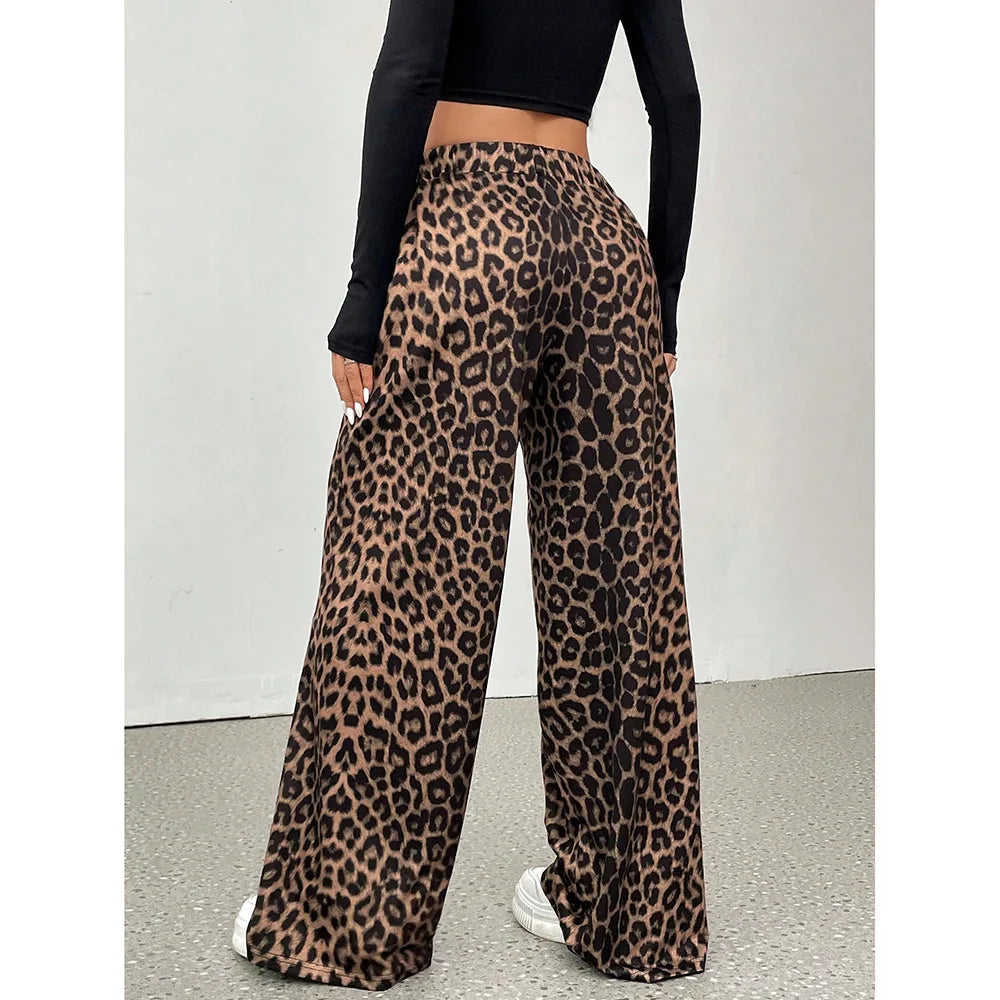 GG Women Leopard Print Wide Leg Pants Elastic High Waist Loose Casual Trousers Streetwear Y2K Fashion Long Palazzo Pants