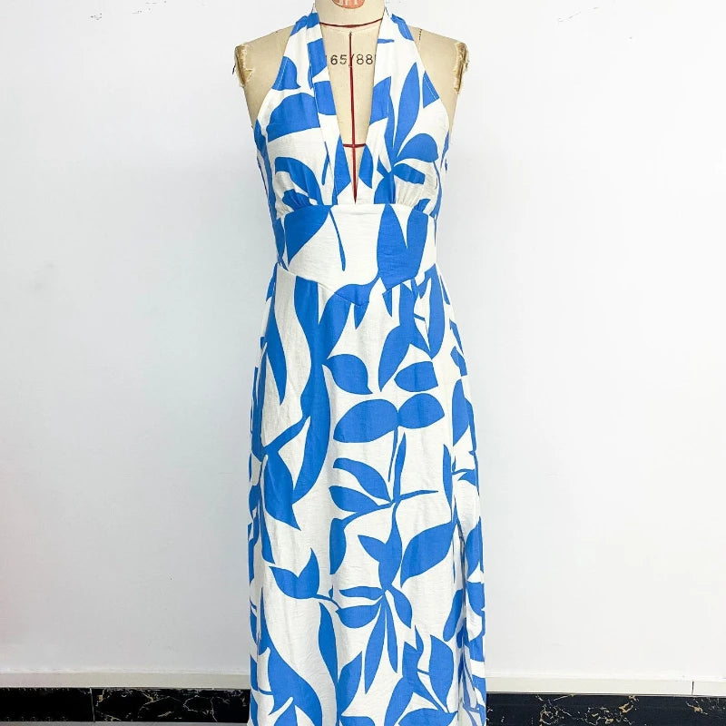 Vacation Floral Print Women's Summer Halter Neck Backless Casual Long Dress Sexy Boho Sleeveless Beach Party Maxi Dresses Ladies