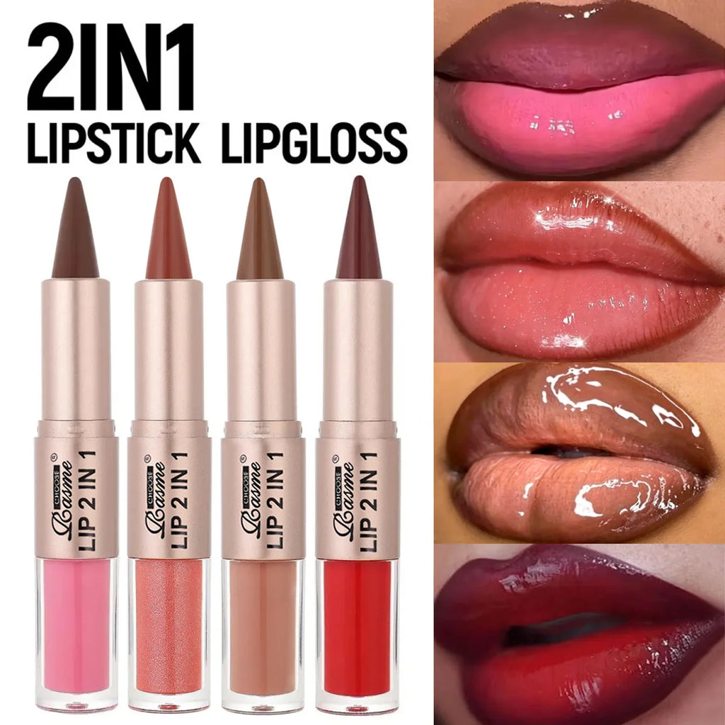 2 in 1 Dual End Matte Lip Liner Pencil & Shiny Mirror Lip Gloss Waterproof Long Lasting Lip Cosmetics for Smooth Application