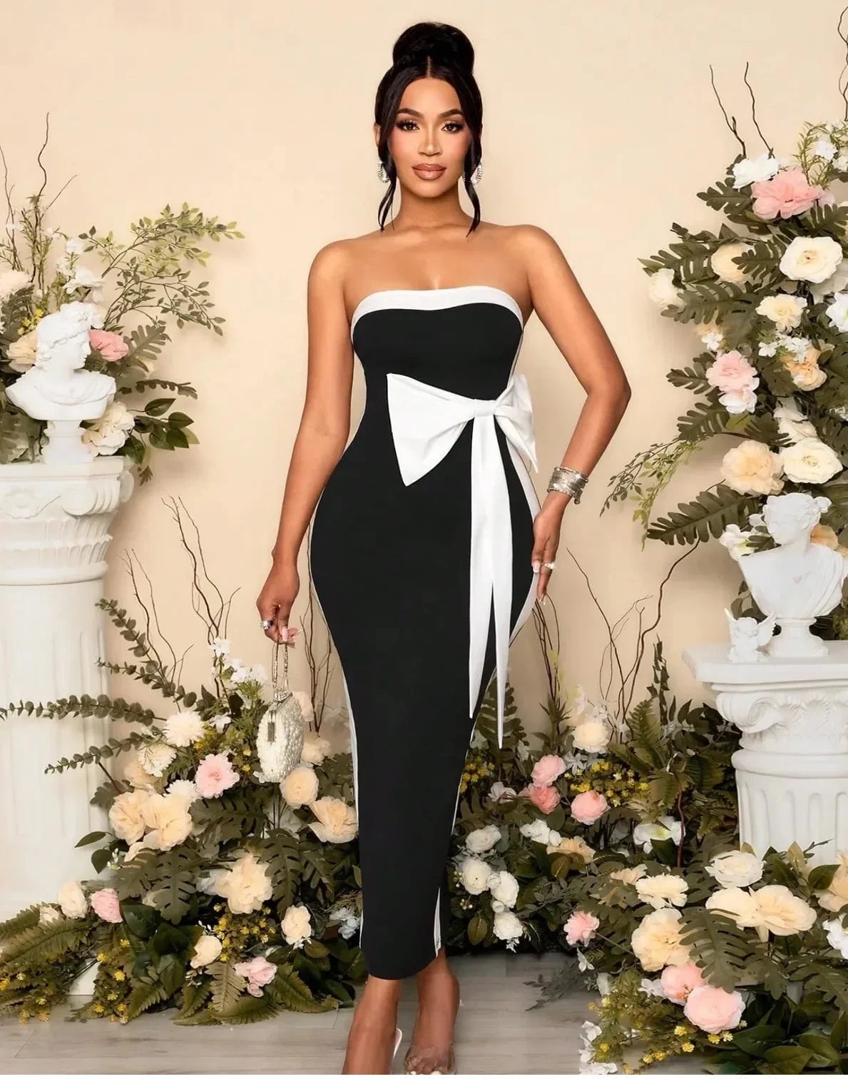 Women Sexy Strapless Off the Shoulder Bow Bodycon Bandage Long Dress Celebrate Fashion Nightclub Party Birthday Outfit