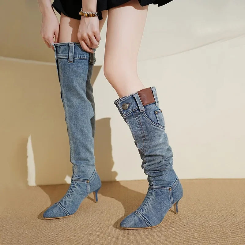 Denim Long Boots Women Knee Boots New 2025 Autumn Winter High Heels Retro Western Hot Girl Cowboy Boots Lady Modern Boot Botas
