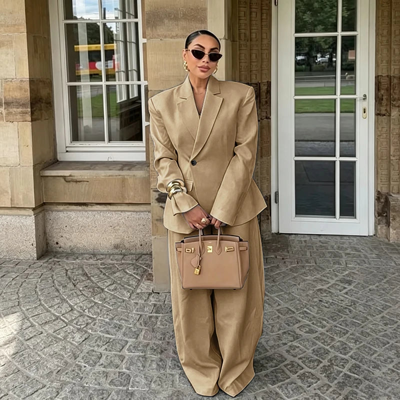 Chic White Wide-leg Pant Single Breasted Women Pants Set New Female Two Pieces(Blazer+Trousers) Conjuntos Femininos Elegantes