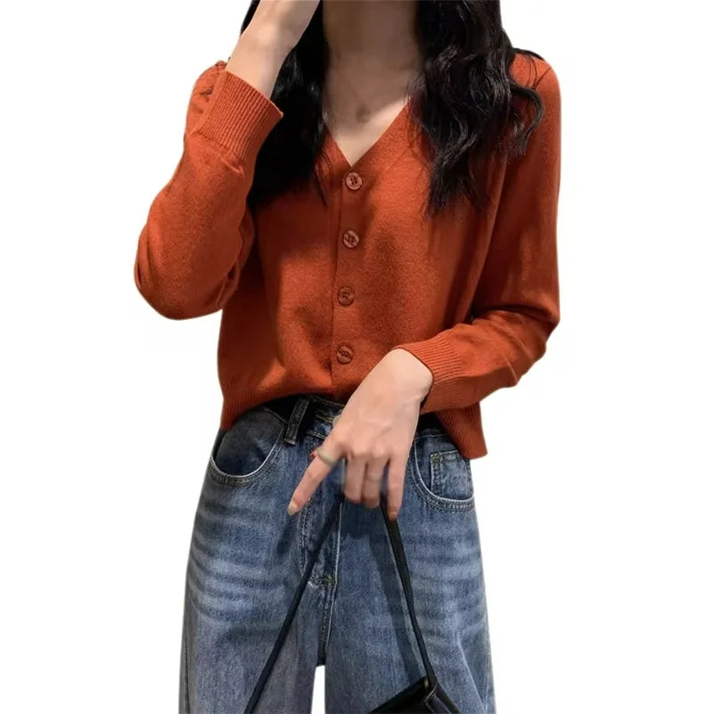 2025 Women's Long Sleeve Cropped Cardigan V Neck Button Down Knit Lady Autumn Spring Knitted Single-breasted Cardigan Sweaters