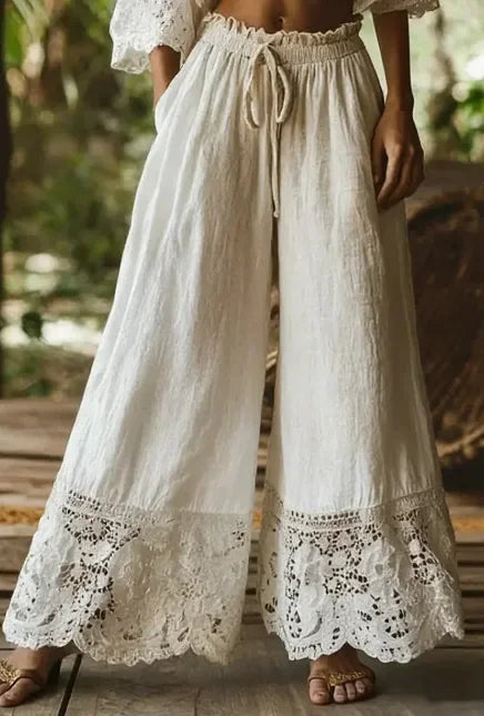 Women's Wide Leg Pants High Waist Drawstring Lace Trim Palazzo Trousers Casual Vintage Loose Elastic Waist Summer Beach Pants