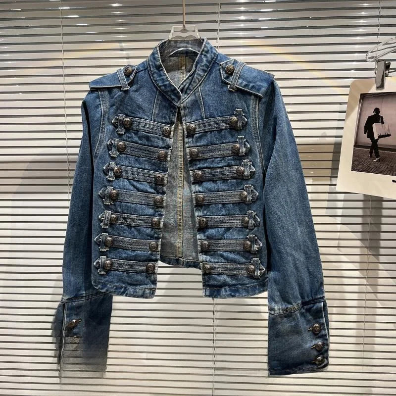 Classical Metal Bule Design oulder Strap Waed Denim ort Jaet Spring 2026 Women's Faion Straight Cut Long Sve