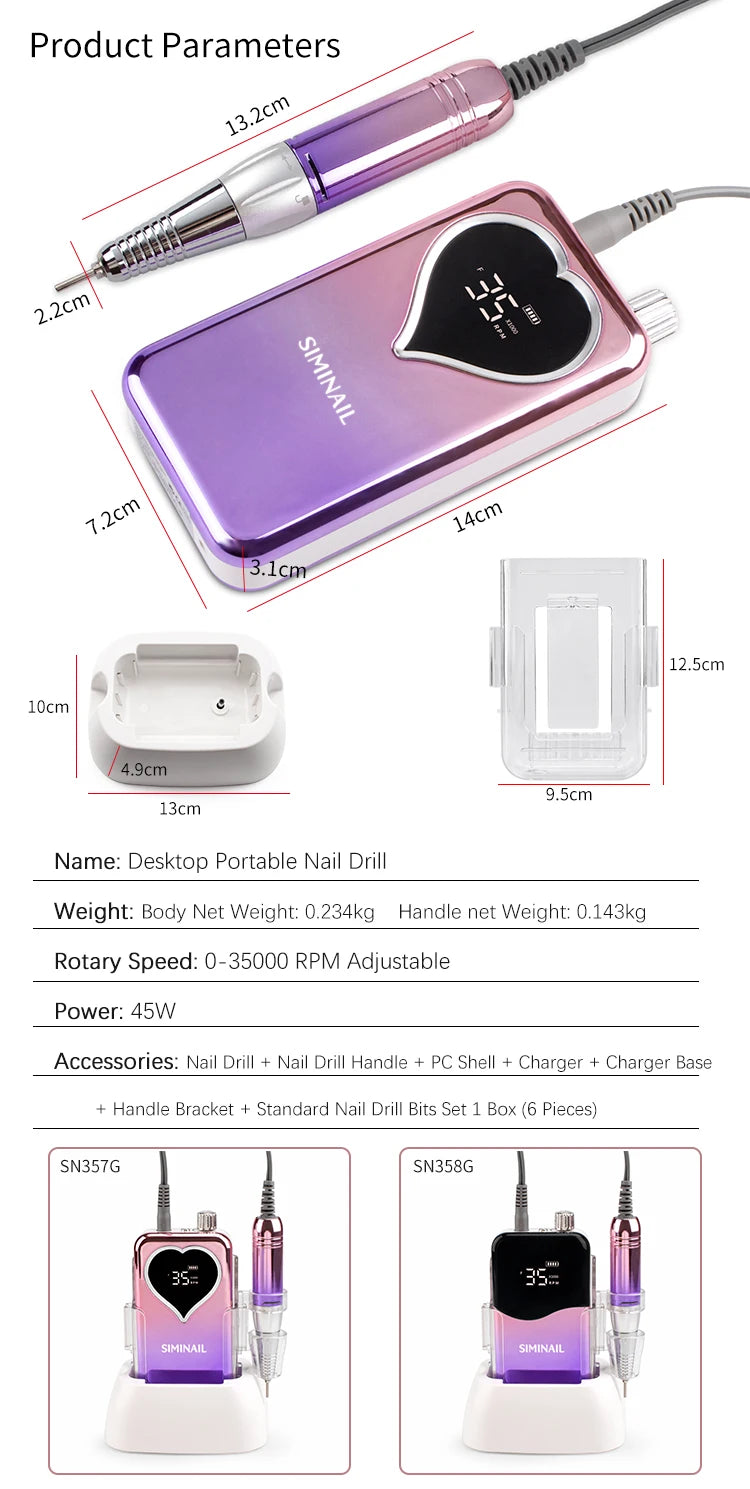 SIMINAIL Professional Nail Drill Machine 35000RPM Portable Electric Nail File Rechargeable Manicure Machine Set Efile Bit Kit