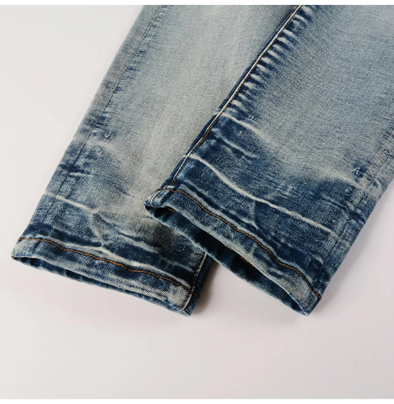 Men Paisley Bandana Print Patch Jeans Streetwear High Stretch Denim Pants Holes Ripped Patchwork Skinny Tapered Trousers