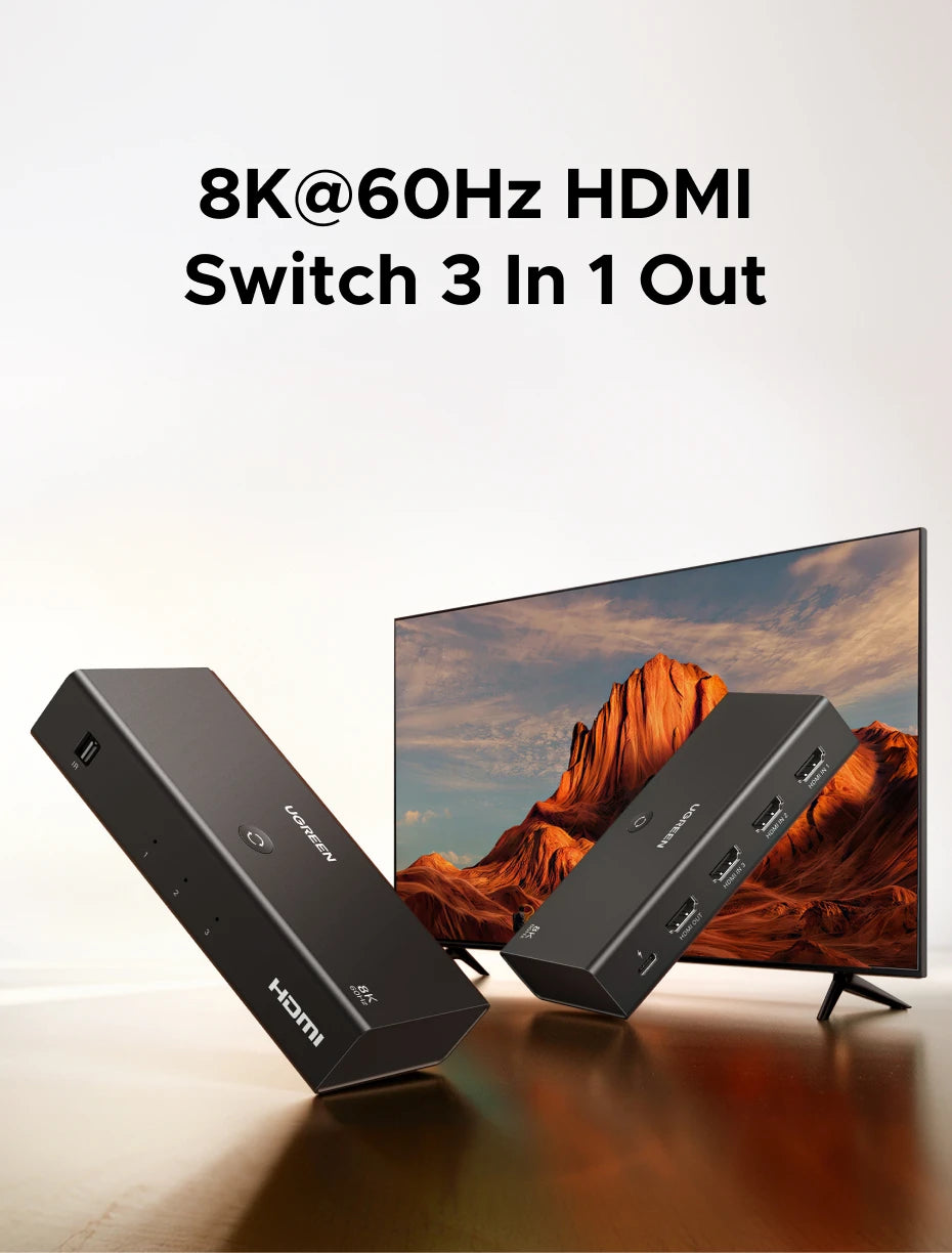 UGREEN HDMI 2.1 Switcher 8K 60Hz HDMI-compatible Switch 3 in 1 Out with Remote Control Converter For Xbox PS5 Monitors