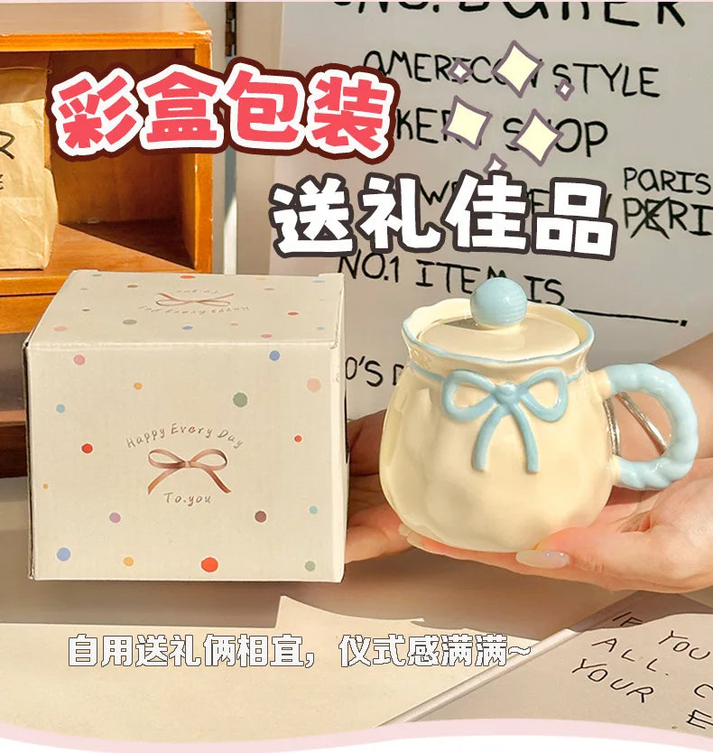 Ceramic Mug with Gift Box, Hand Painted Underglaze Bow, Birthday Gift Souvenir for Her, Cute Present, Coffee Cup, Ladies Gift