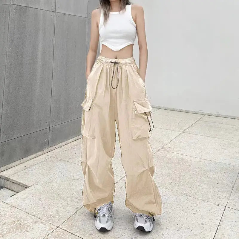 Women Streetwear Cargo Pants Elastic Waist Multi Pocket Loose Wide Leg Vintage Drawstring Casual Trousers