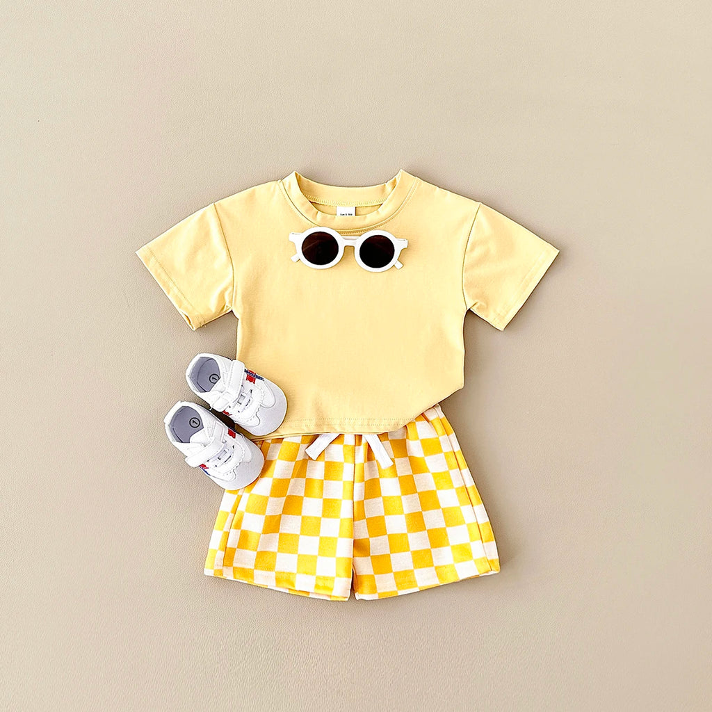 2PCS Kids Clothes Baby Boys Girls Solid Color Short Sleeve T-shirt Plaid Pattern Shorts Sets Baby Clothing Sets 0-3Y