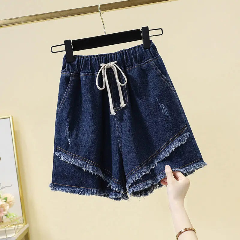 Denim Shorts for Women Korean Style Young College Girls Clothing Summer Elastic Waist Fashion Soft Loose Streetwear Chic Pockets