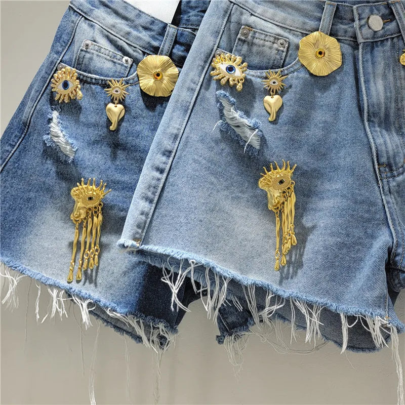 Women Denim Shorts Holes Spliced Print Jeans Pockets Solid Wide Leg Short Pant Tassels High Waist Trousers Casual Streetwear