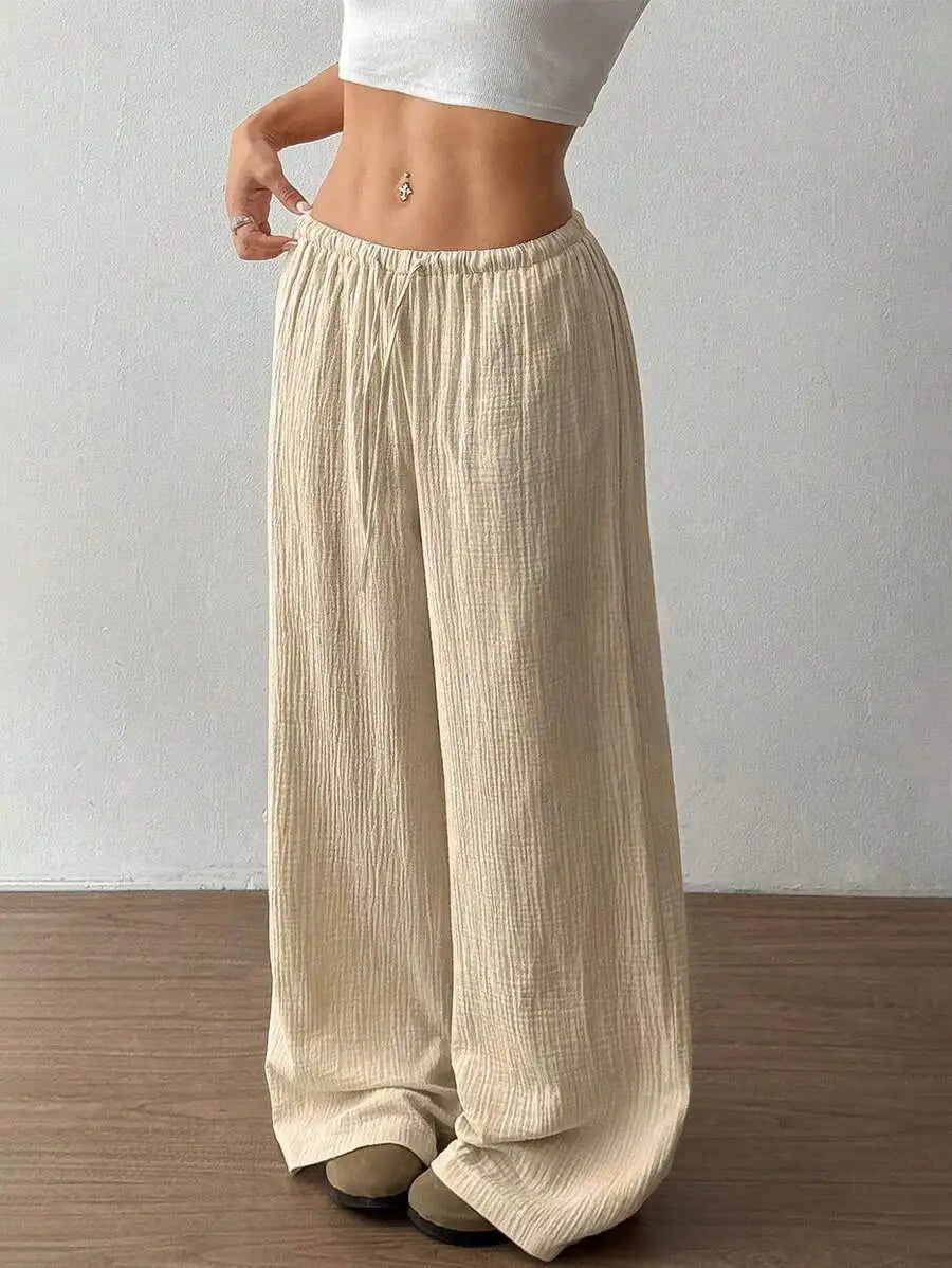 Women's Elegant Versatile Elastic Waist Comfortable Casual Pant Slightly Elastic Simple Solid Color High Waist Wide-leg Pants
