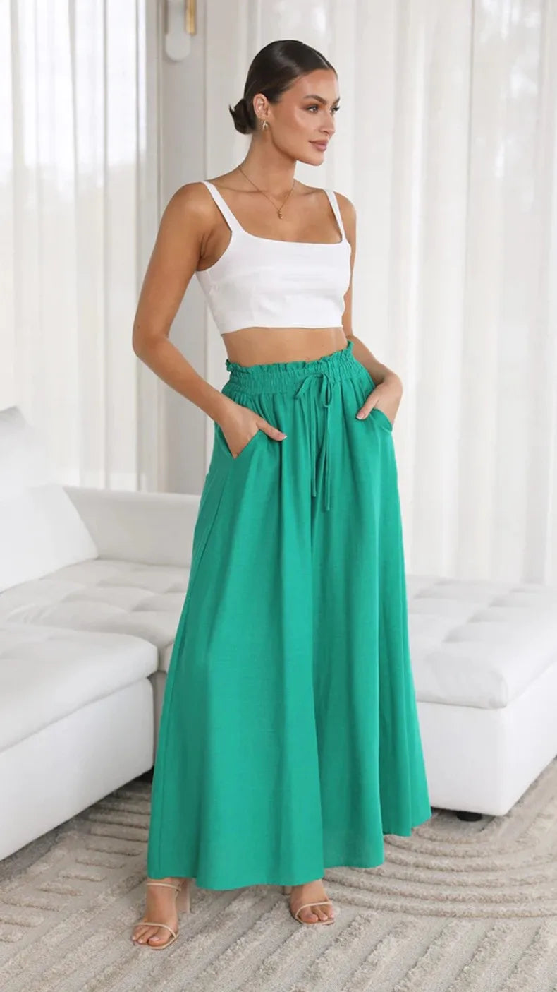 Women's Elastic Long Palazzo Pants Casual Urban Style Tie Detail Polyester Blend Woman Clothes Female Clothing Women's And