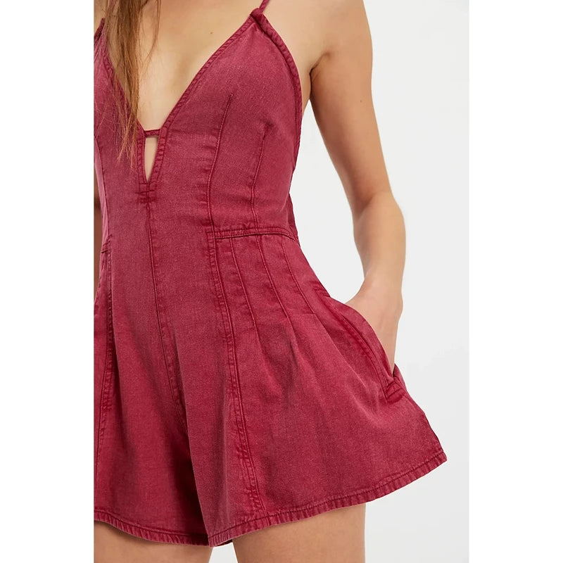 Women's Summer Y2K Retro V-Neck Denim Shorts Jumpsuits Cross Bow Tied Zip-up Backless Loose Wide Leg Flare Playsuit Cute Rompers