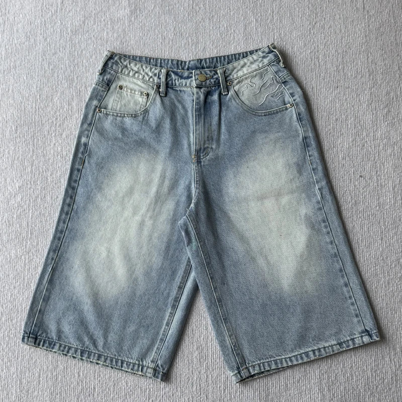 New High Quality American Retro Derchutze Denim Shorts Embroidered Patterns Men's Straight Leg Pants Stock