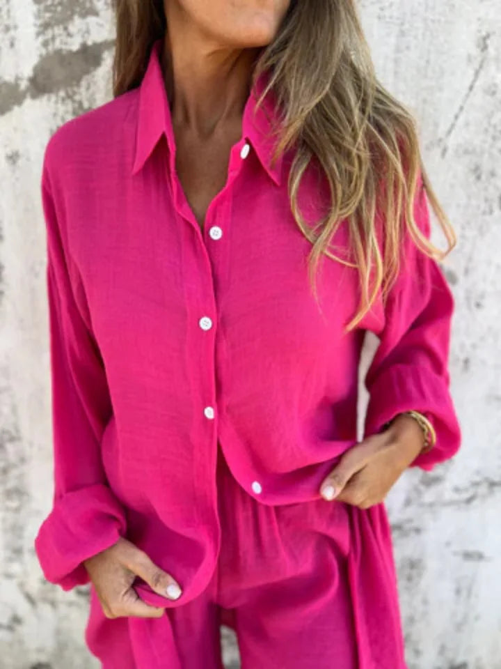 2026 Women's Casual Solid Color Cotton and Linen Shorts Long Sleeve Wrinkle Shirt Two-piece Set