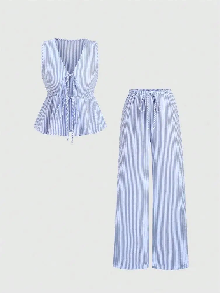 Vacay Pure Color Stripe Loose Summer Set Casual Versatile Holiday Outfit Women's Fashion Set Long Pants Sleeveless European S...