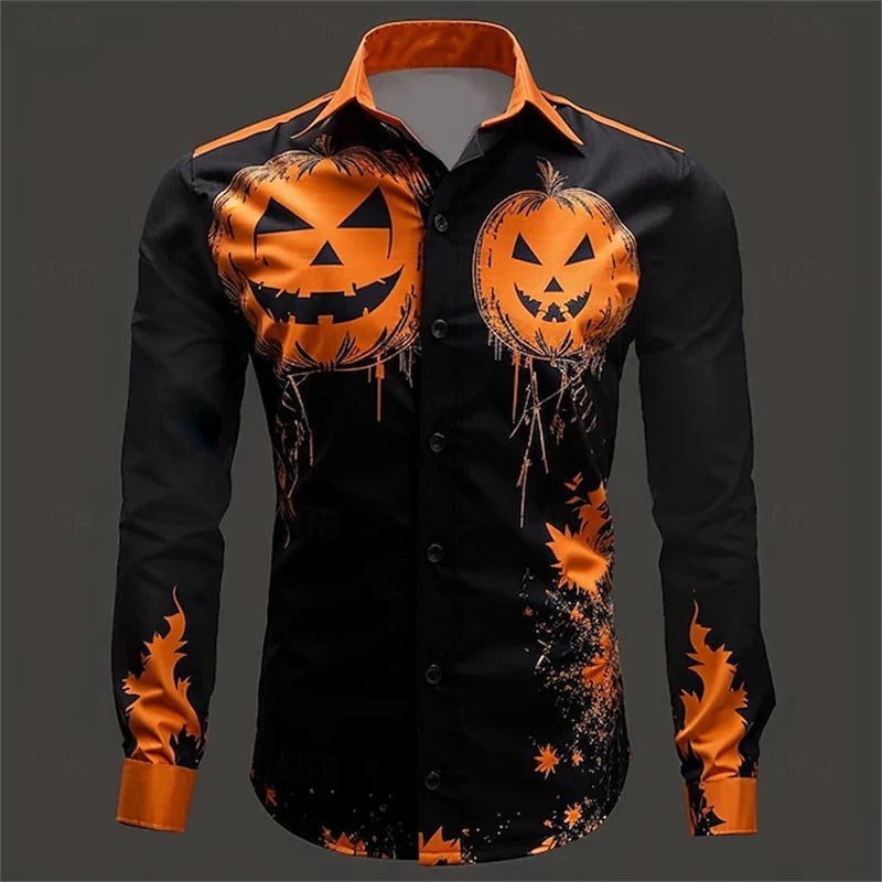 2026 Halloween Fun New Fall and Winter Yellow Shirt Halloween Party Fashion Men's Long Sleeve Tops Temperament Button Down Shirt