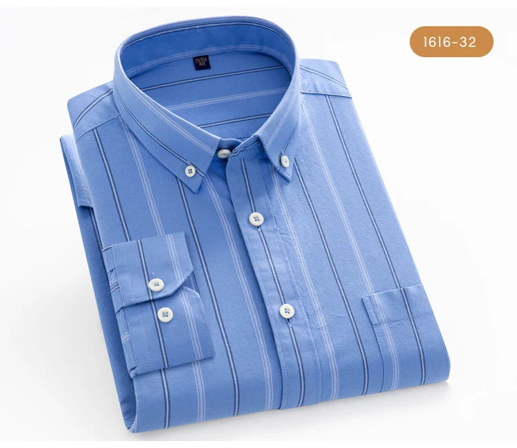 Men's 100% Cotton Breathable Oxford Fabric Dress Shirt, Plaid Striped Casual Long Sleeve, Button-Up with Collar and Chest Pocket