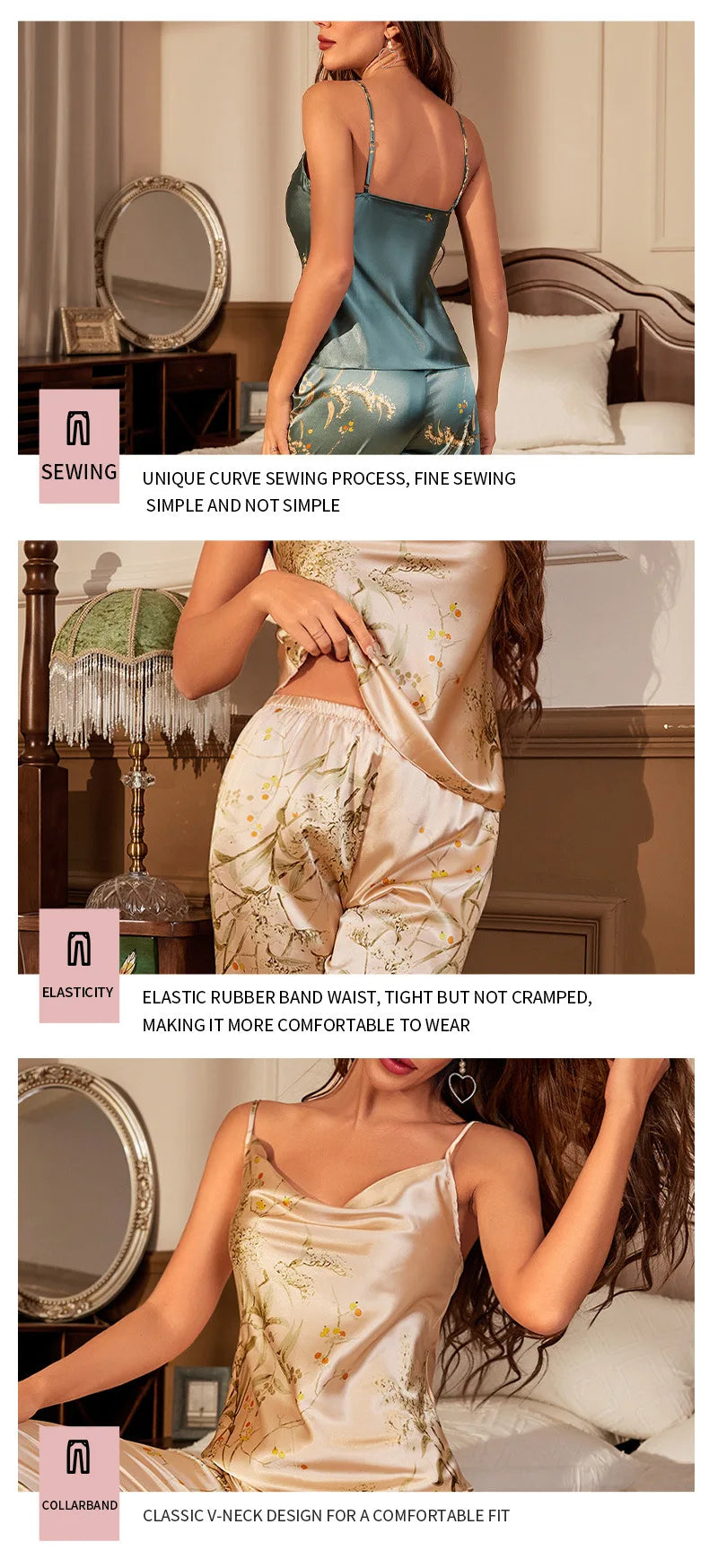 Sexy Suspender Pajamas Set Summer Women Satin Sleepwear Trouser Suits Print Flower Pyjama Pour Femme Loose Home Wear Pijamas