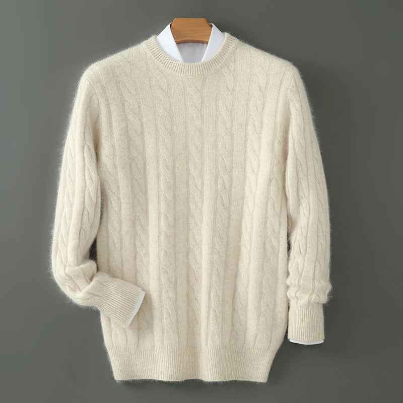 Men's Round Neck Pullover Sweater For Autumn Winter 100% Pure Mink Cashmere Knitted Sweater, Casual Long Sleeved Thick Warm Base