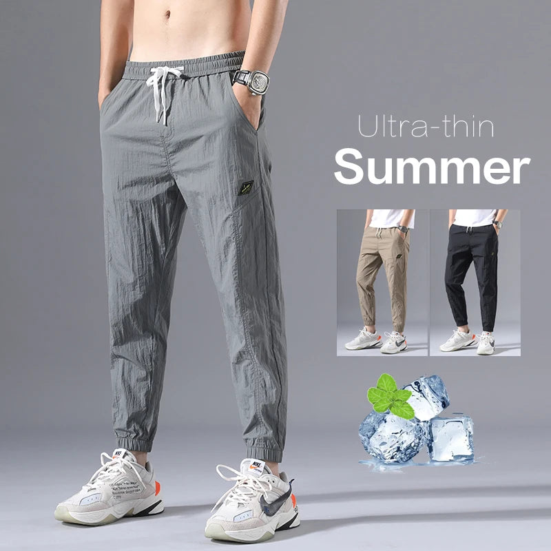 2026 Summer Thin Men's Wrinkled Fabric Loose Tapered Harem Pants Quick-Dry Elastic Cuff Casual Trousers Elastic Waist City Boy