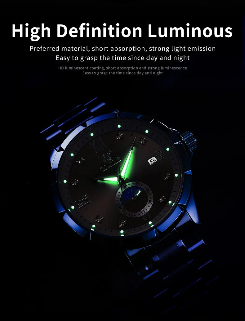 OLEVS 2956 Mens Watch Business Original Quartz Watch Large Dial Waterproof Luminous Automatic Date Moon Phase Watches For Man