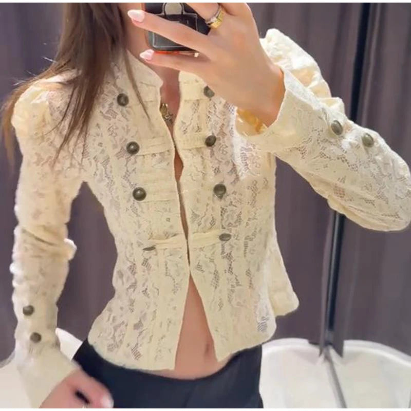 Solid Satin Lace V-Neck Puff Sleeve Blouse Curved Hem Slim Fit 2026 Summer Glam Women Satin Shirt Parisian Versatile Lady Blusa