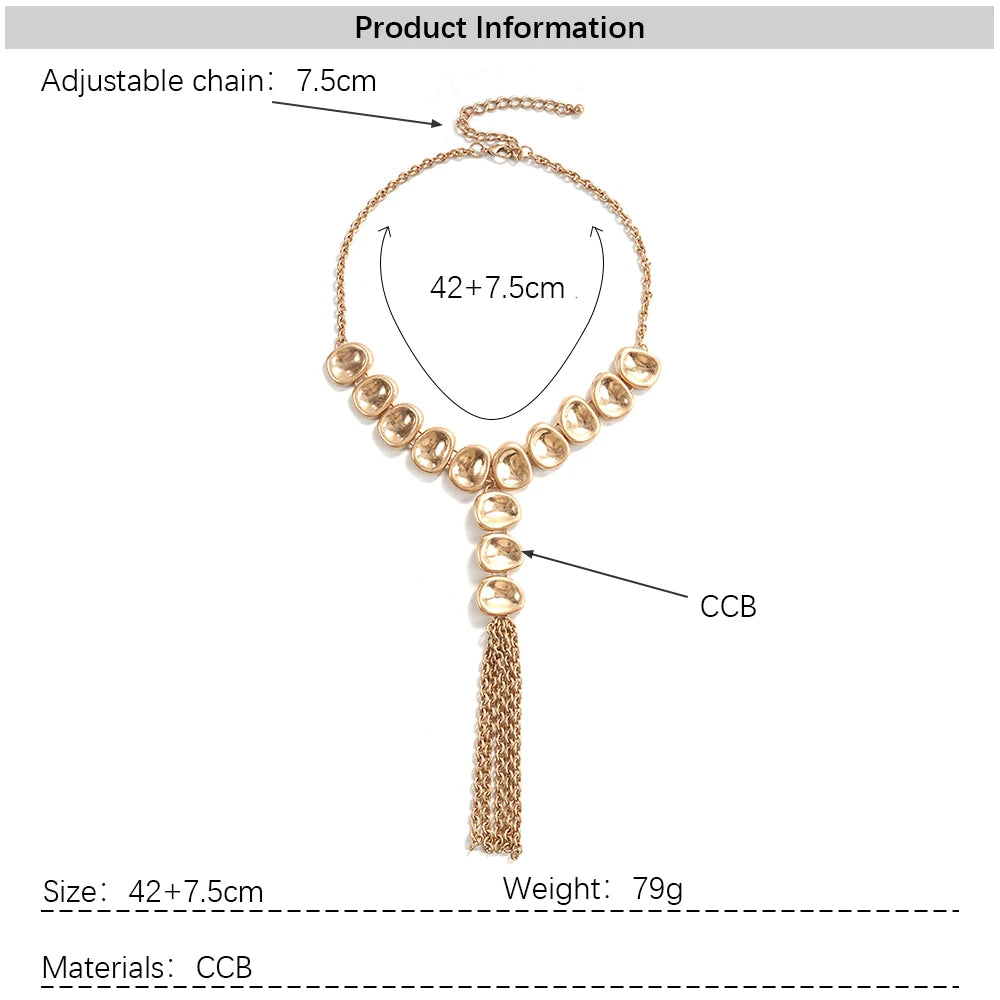 Gold-Tone Statement Necklace Y Shaped with Textured Oval Elements and Chain Tassel Vintage Inspired Fashion Piece for Bold Styli