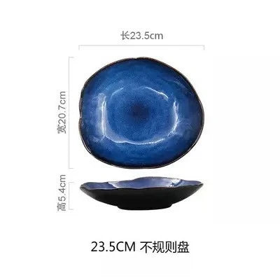 Nordic Style Blue Kiln Turned Ceramic Food Plate Steak Pasta Western Cuisine Plate Kitchen Utensils Dining Table Decoration