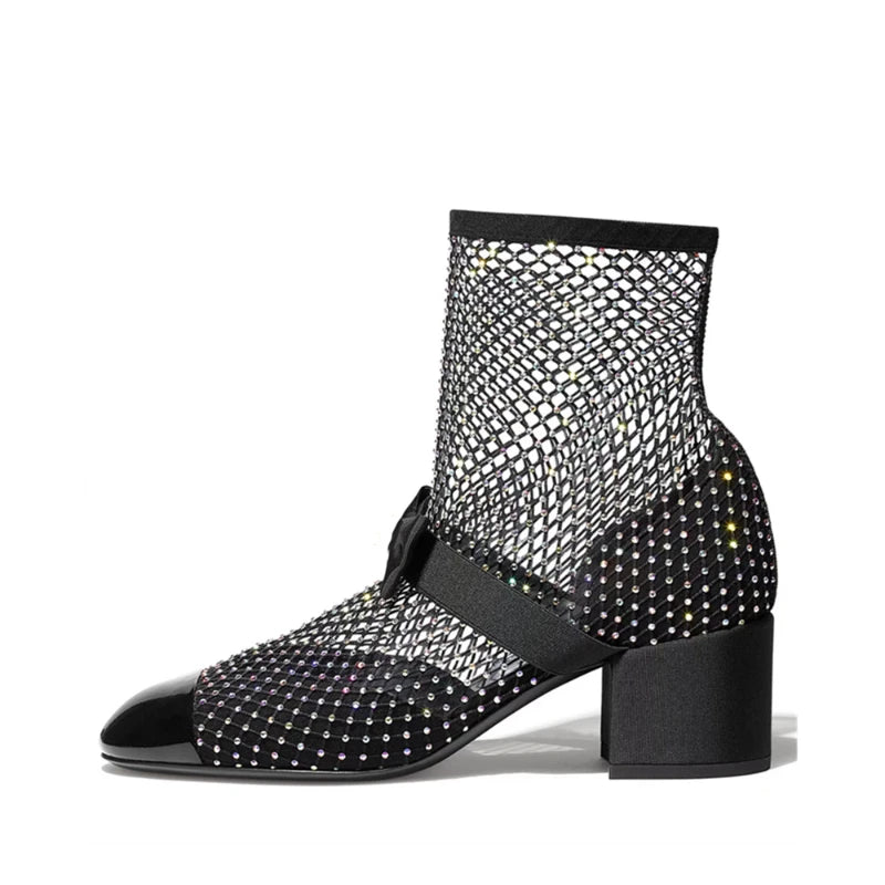 Spring Summer 2023new Rhinestone Bowkno Sexy Mesh Boots High Heels Small Fragrance Style Sandals Europe America Big Size 45 46