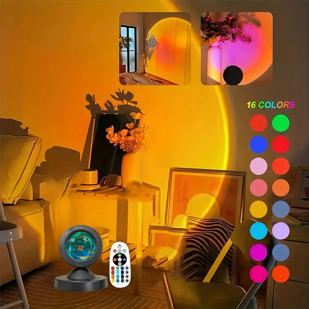 1pc Vibrant Sunset Projection Light - 16-Color Spectrum, USB Remote Control, Dynamic Color Changing LED Light - Creates Warm Hom