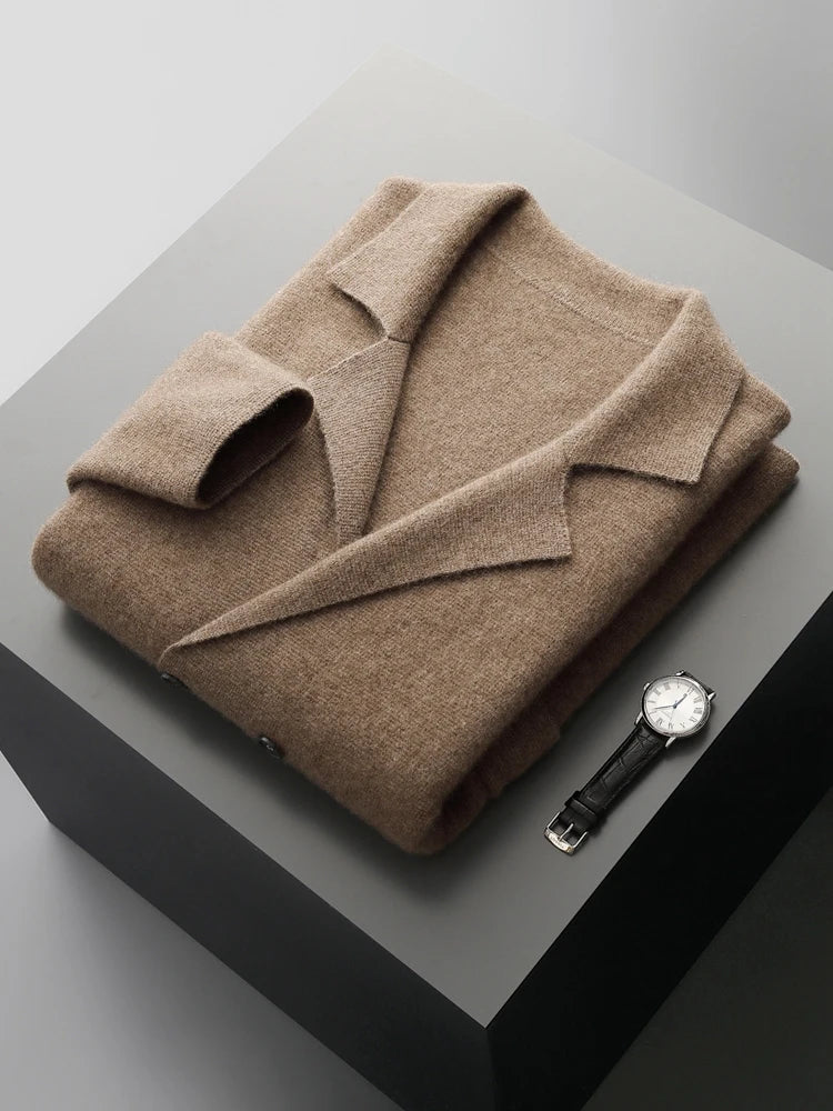 100% Merino Wool Sweater Men's Suit Collar Cardigan Smart Casual Knitwear Autumn Winter Cashmere Solid Coat Pockets Clothing Top
