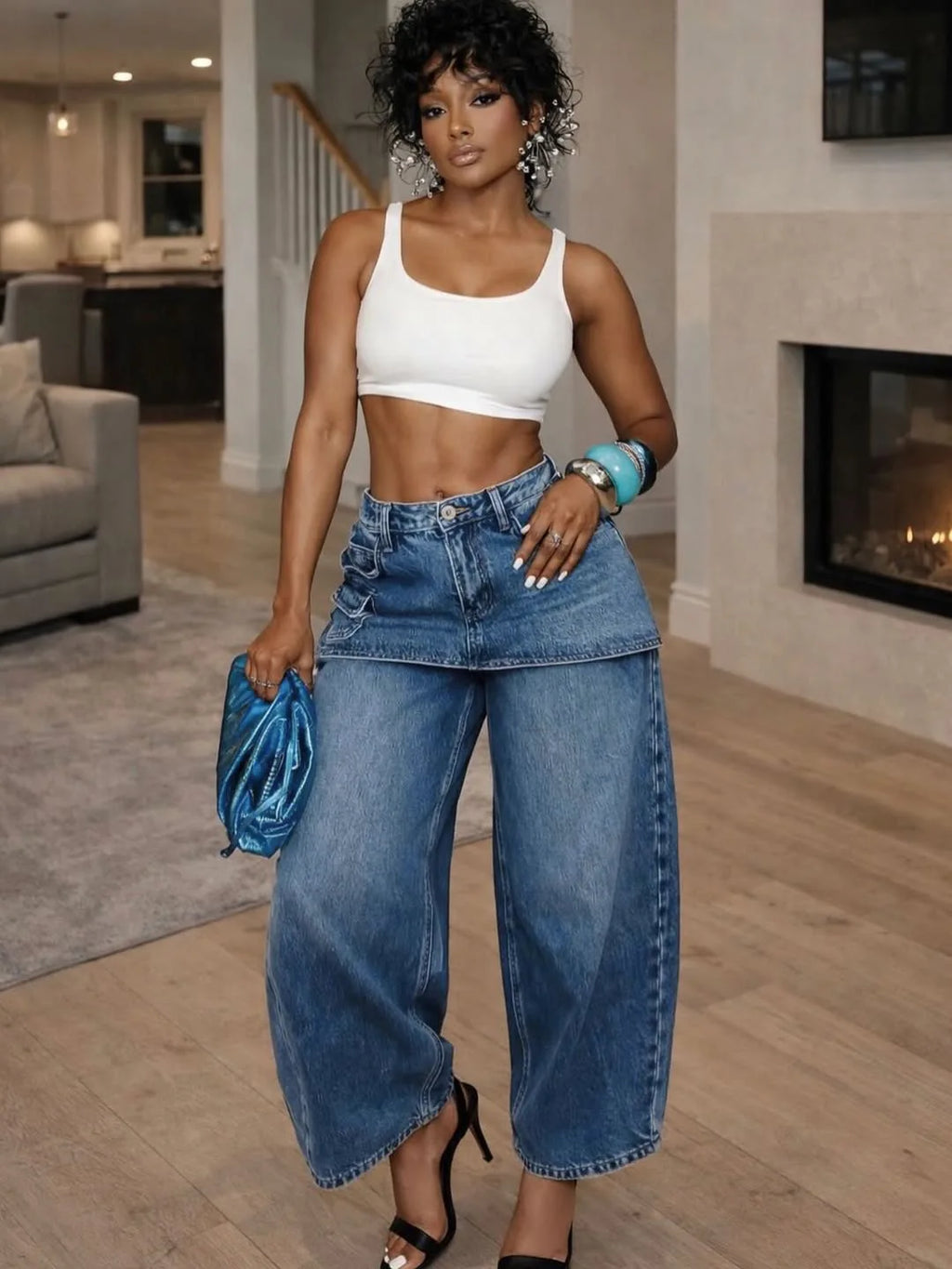 Fashion High Waist Denim Wide Leg Jeans for Women Detachable Skirt Layered Cargo Pocket Streetwear Baggy Jeans Denim Trousers