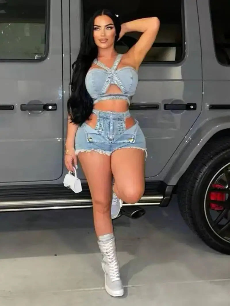 Fashion Denim Cutout Women's Set Wrap Strap Crop Top And Shorts Jeans  Summer Two 2 Piece Sets Outfits Tracksuit