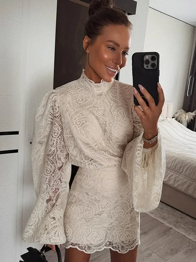 Spring 2026 Women's Lace Hollow out Mini Dress Two-Piece Set with Elegant Long Sleeve High Neck Design Chic Club Night Outfit