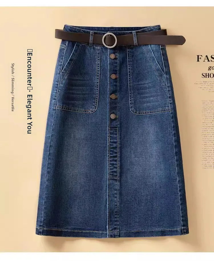 High Waist Washed Cotton Denim Skirt Mid-Length A-Line Women's Skirt Spring Summer New Style Casual Pure Color Button Design