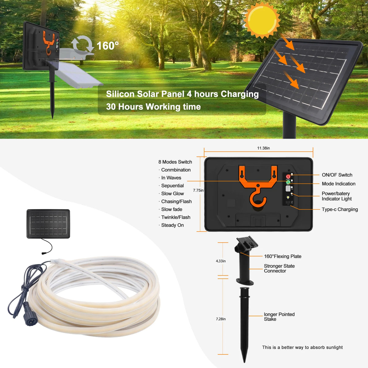 Waterproof Outdoor Solar COB LED Neon Light Strip 24V 320LEDs/m RA90 Linear Flexible Solar Lights for Yard Garden Decoration