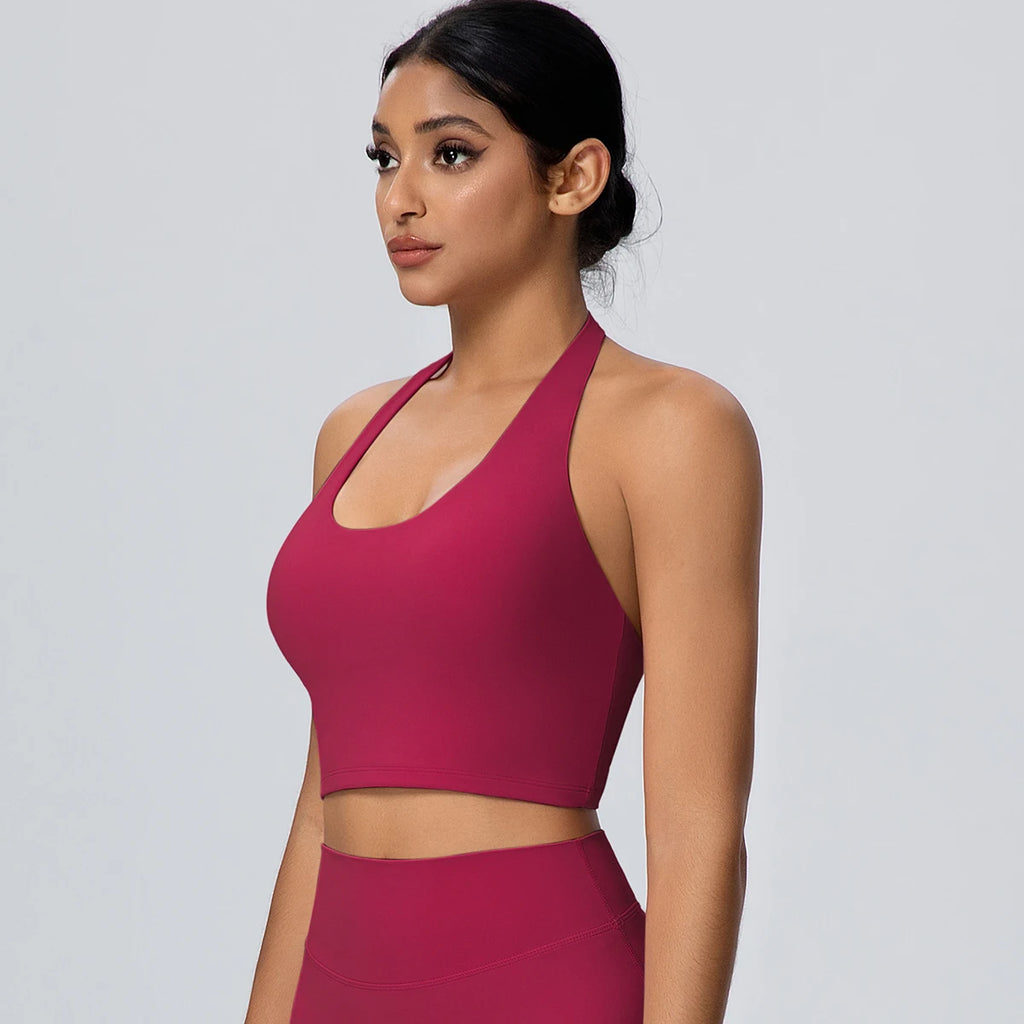 Woman Solid Color Sexy Neck Strap Bra Yoga Underwear With Chest Pad Backless Gather Shockproof Gym Workout Top Sports Yoga Bra