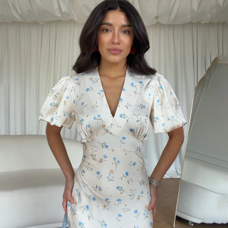 Printed Floral Print Elegant Long Dress For Women Short Sleeve V Neck Fashion Slim Dress Satin Commuting Banquet Female Dress