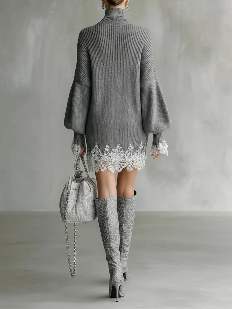 Autumn O-Neck Elegant Solid Ladies Sweater Dress Women Sexy Hollow Out Patchwork Knit Mini Dress Casual Long Sleeve Loose Dress