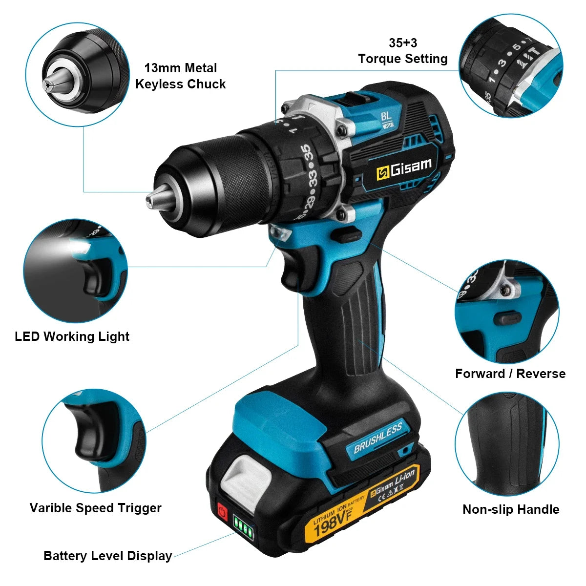 Gisam 13mm 35+3 Torque Brushless Electric Impact Drill Cordless Drill Electric Screwdriver Power Tool For Makita 18V Battery Pin